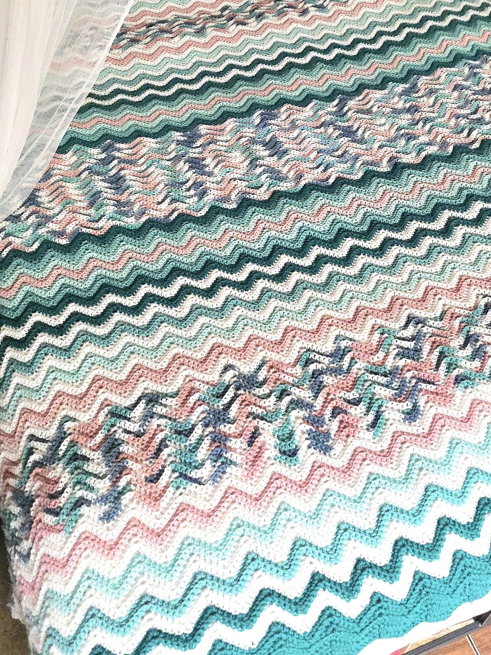 Vintage Granny Handmade Knitted Bedspread Blanket Shades Teal Pink White Blue